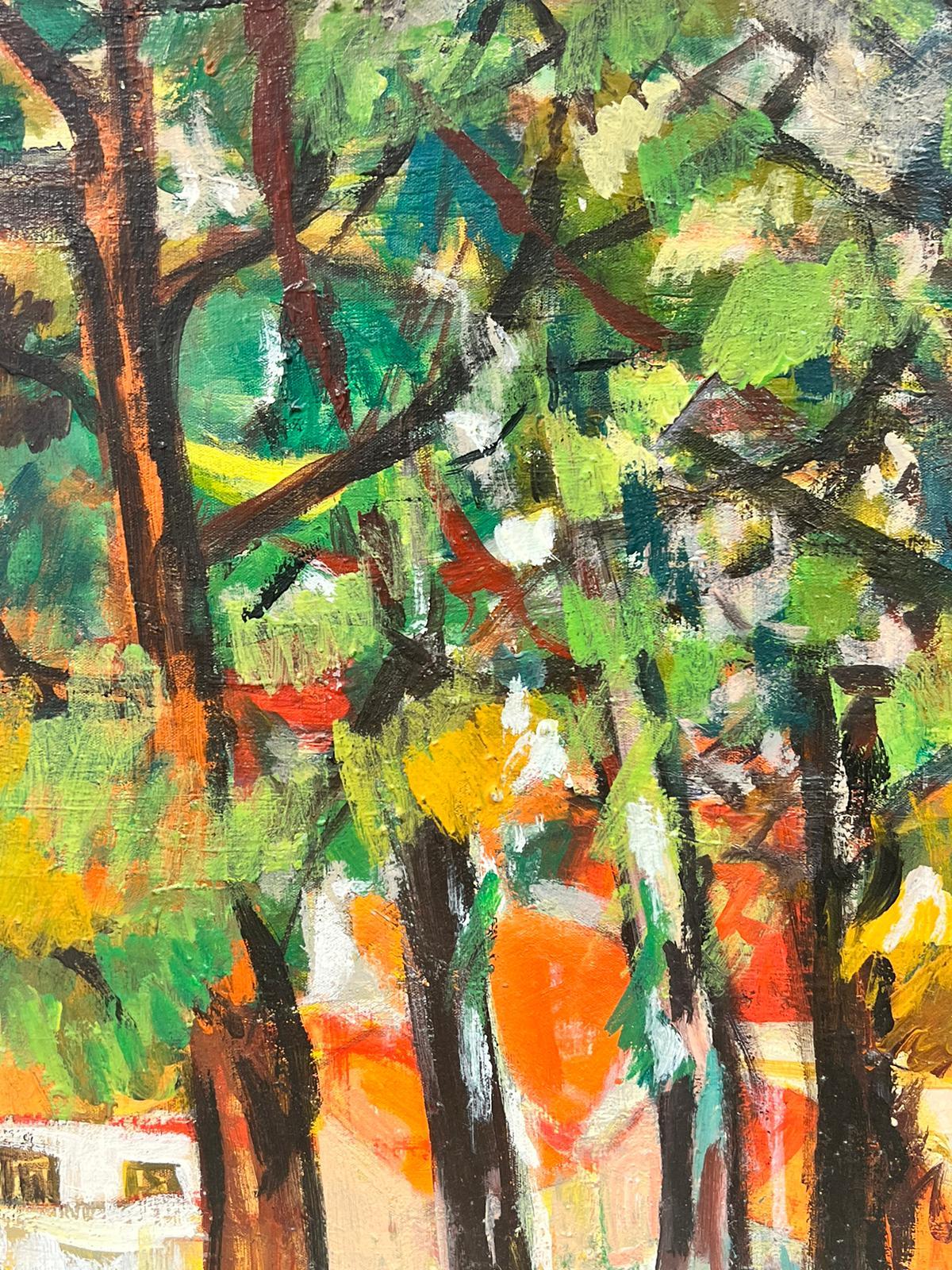 Olio del XX secolo francese post impressionista Paesaggio di alberi autunnali con luce dorata - Landscape Painting Marrone di Huguette Ginet-Lasnier 