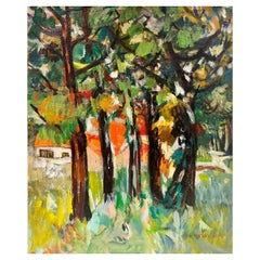 20th Century French Post Impressionist Oil Golden Light Autumn Trees Landscape
