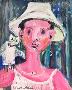 Portrait abstrait français Sunburnt avec oiseau sur l'épaule, huile signée 
