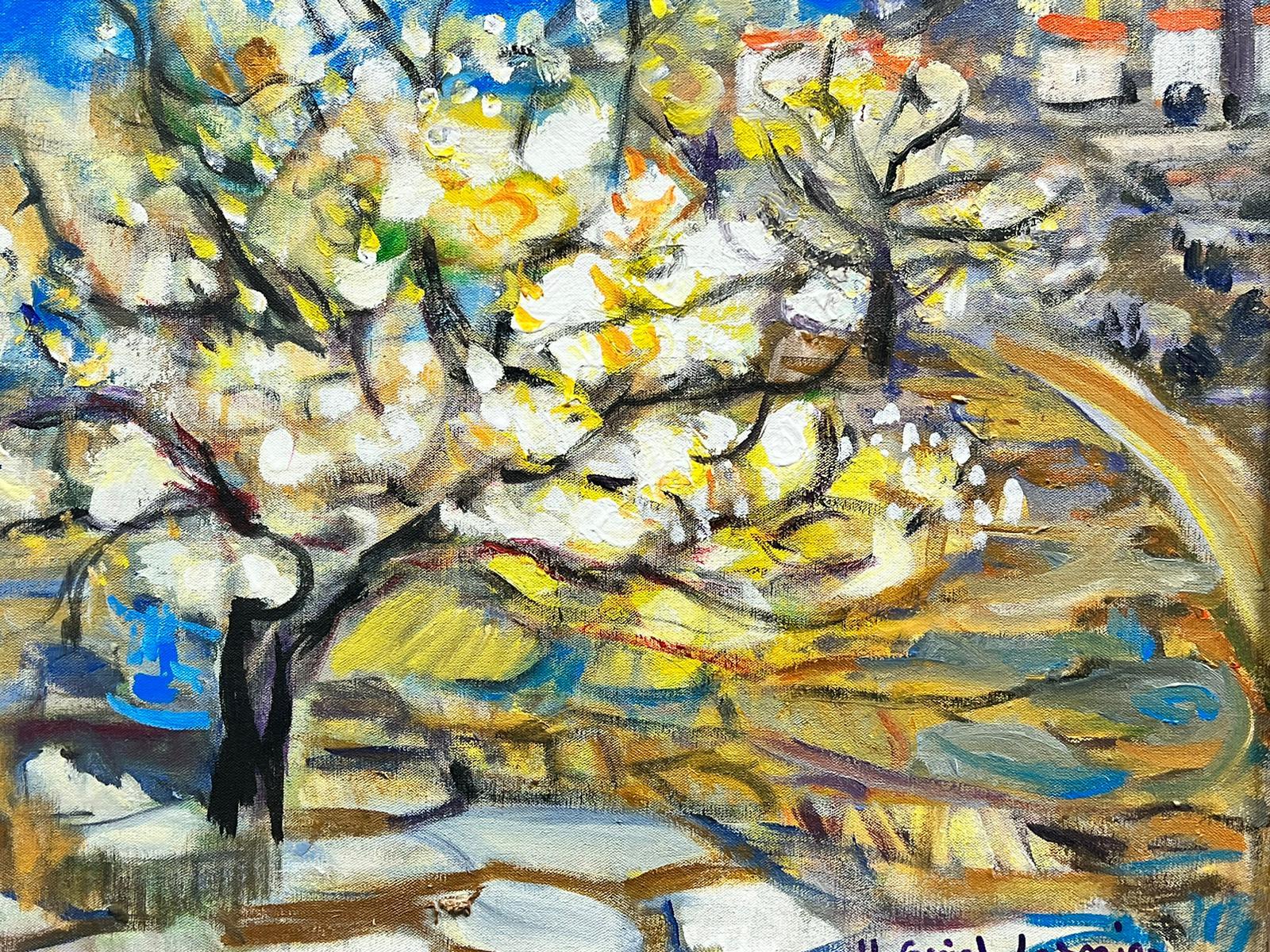 Blossom Trees Provence Landscape French Modernist Signed Painting Blue Skies For Sale 1