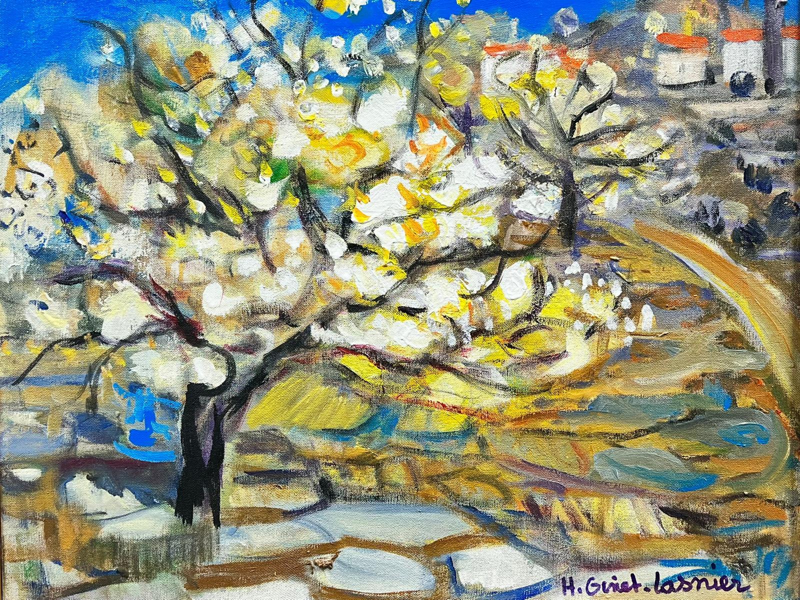 Blossom Trees Provence Landscape French Modernist Signed Painting Blue Skies For Sale 2