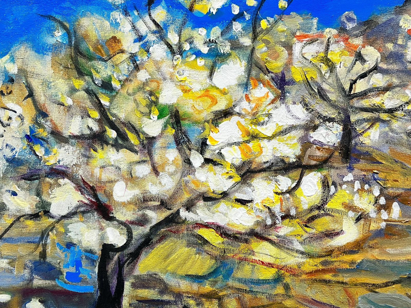 Blossom Trees Provence Landscape French Modernist Signed Painting Blue Skies For Sale 3