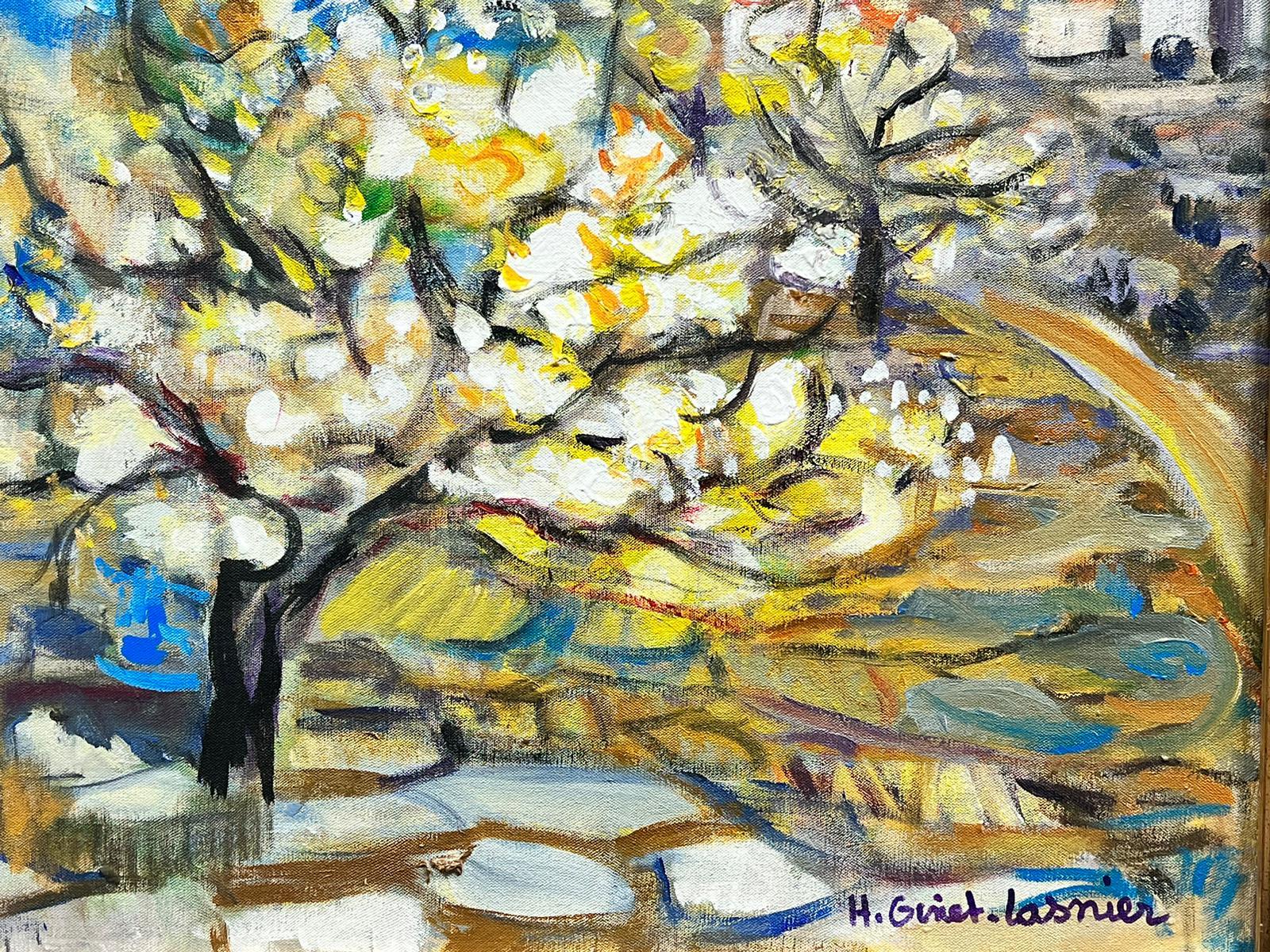 Blossom Trees Provence Landscape French Modernist Signed Painting Blue Skies For Sale 4