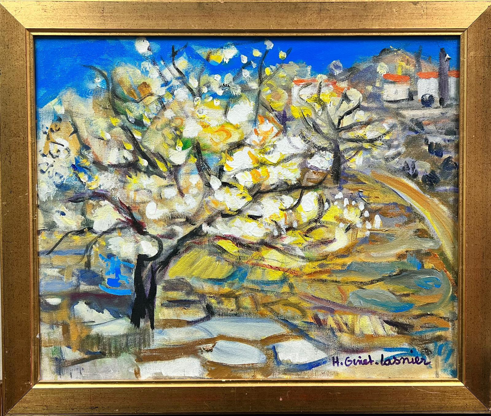 Huguette Ginet-Lasnier  Landscape Painting - Blossom Trees Provence Landscape French Modernist Signed Painting Blue Skies