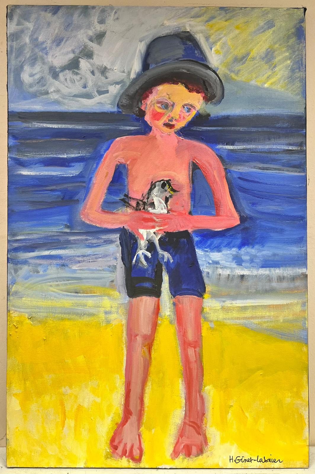 Boy on Beach tenant un oiseau - Huile contemporaine moderniste française - Painting de Huguette Ginet-Lasnier 