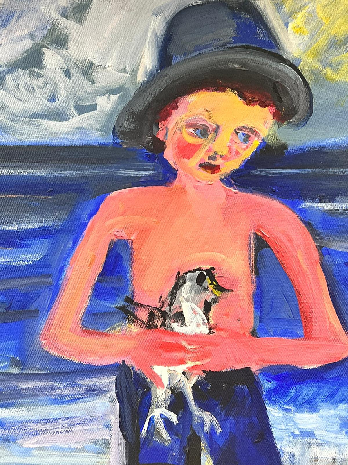 Boy on Beach tenant un oiseau - Huile contemporaine moderniste française - Moderne Painting par Huguette Ginet-Lasnier 