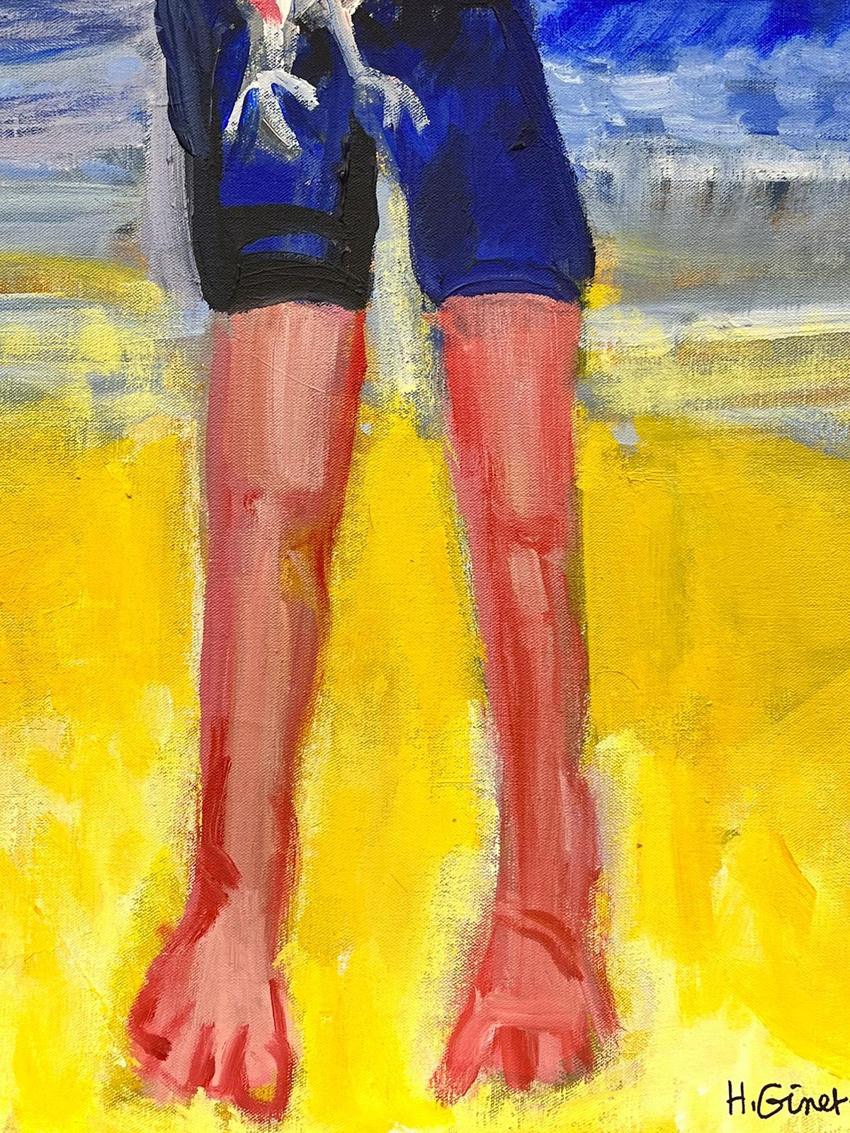 Boy on Beach Holding Bird French Modernist Contemporary Oil For Sale 1