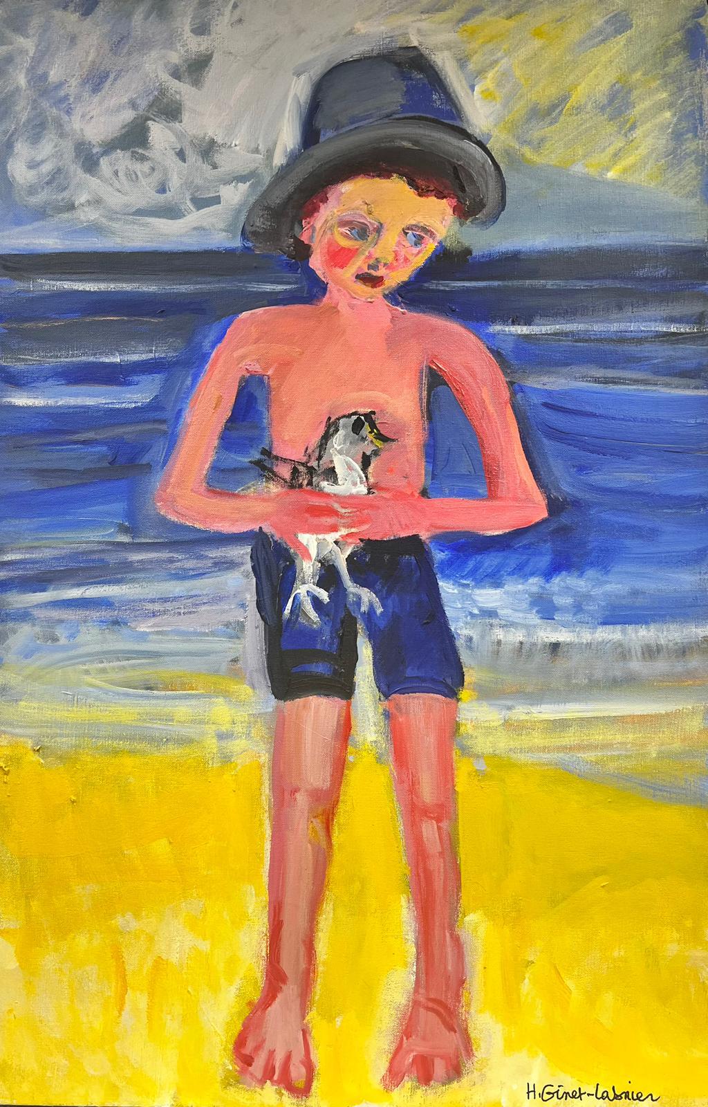 Figurative Painting Huguette Ginet-Lasnier  - Boy on Beach tenant un oiseau - Huile contemporaine moderniste française