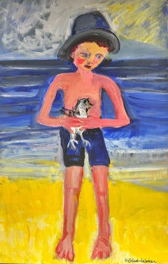 Boy on Beach tenant un oiseau - Huile contemporaine moderniste française