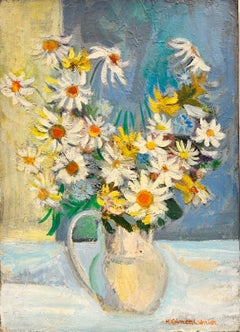 Bright & Cheerful French Modernist Signed Oil Still Life Flowers in Vase