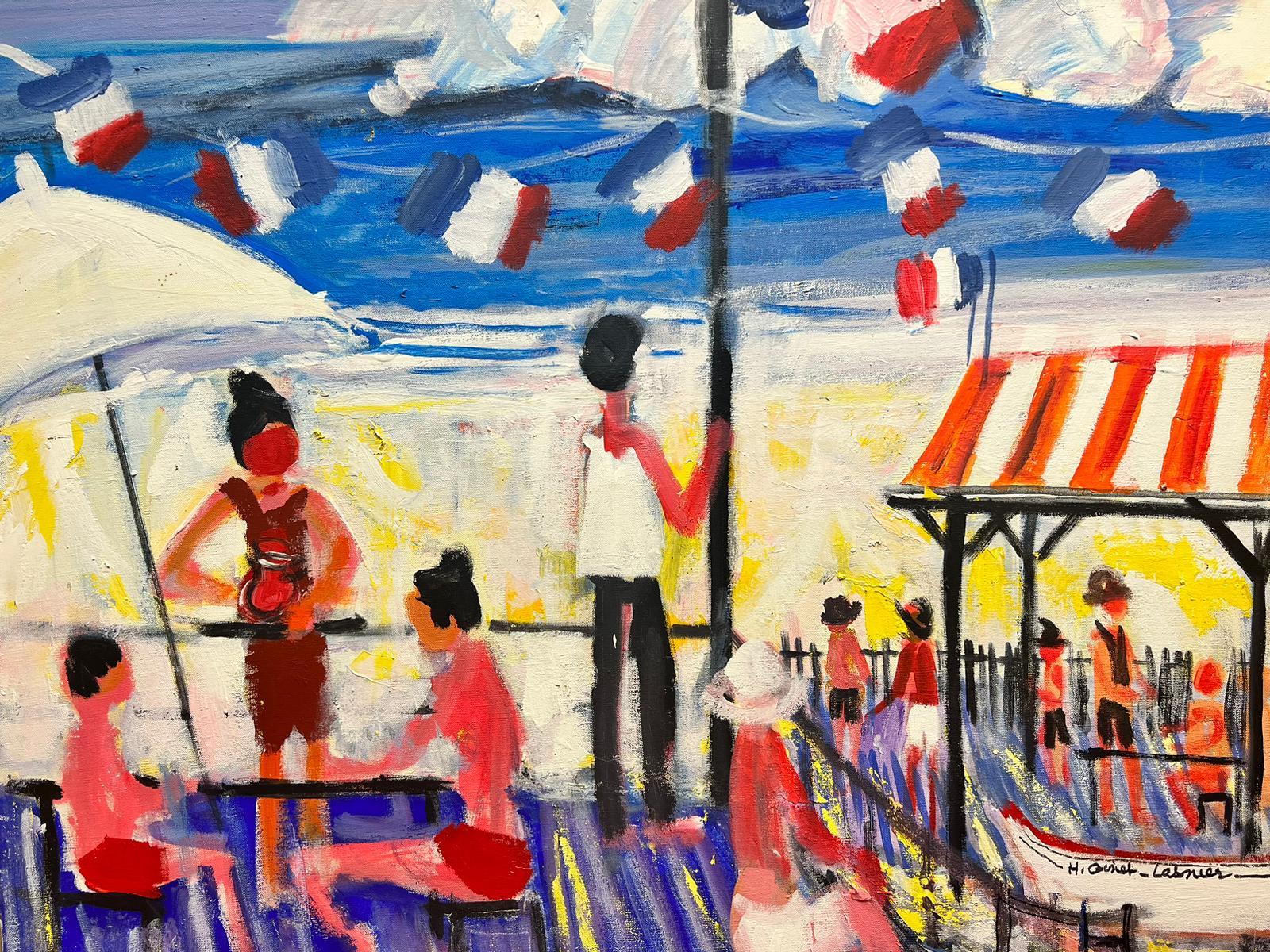 Bright & Colorful French Beach Scene Crowded Beach Bar & Flags Contemporary Oil - Painting by Huguette Ginet-Lasnier 