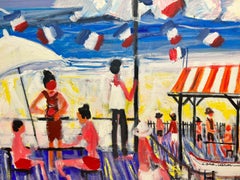 Scène de plage française lumineuse et colorée, bar de plage bondé et drapeaux Huile contemporaine