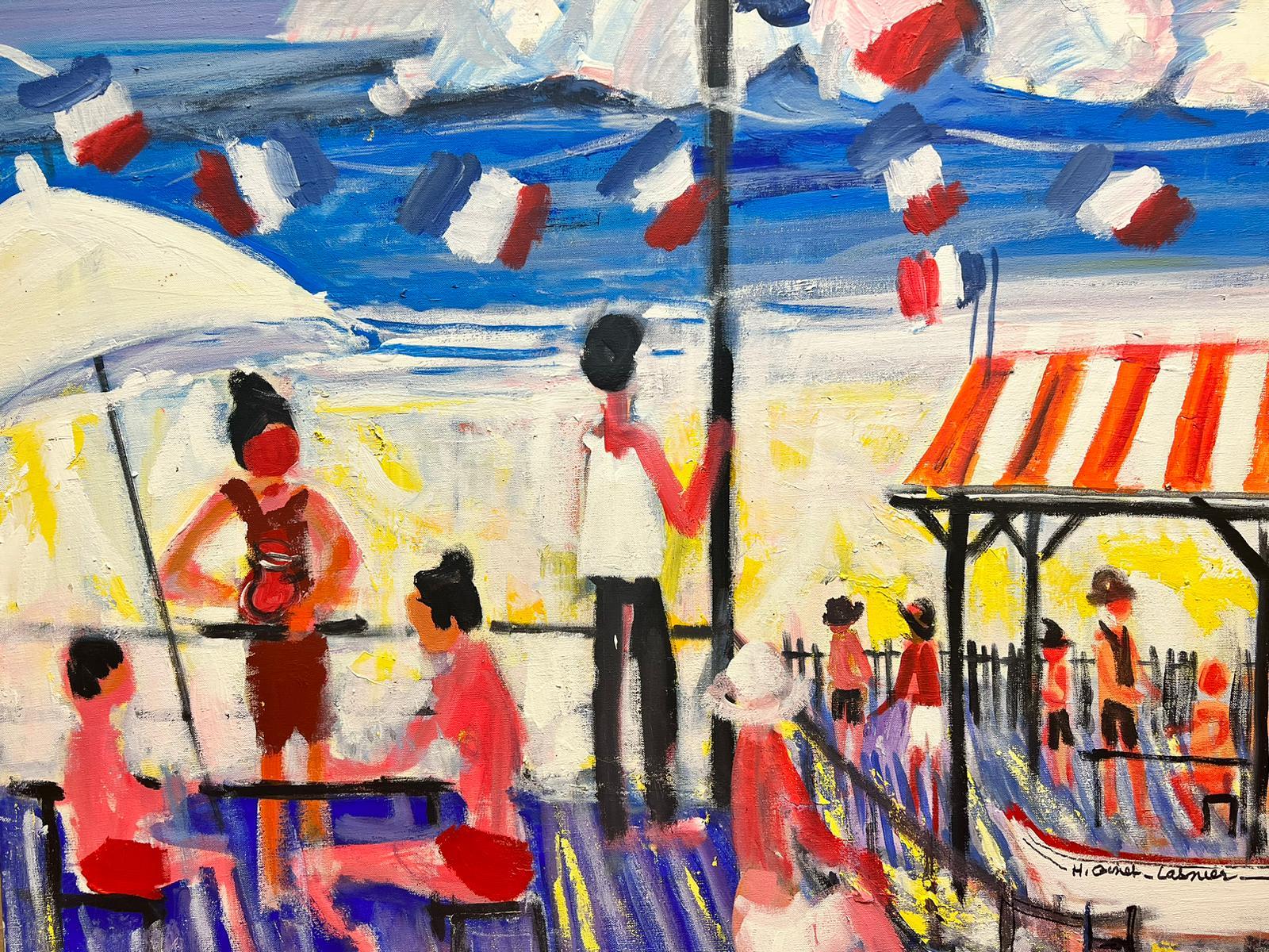 Huguette Ginet-Lasnier  Landscape Painting - Bright & Colorful French Beach Scene Crowded Beach Bar & Flags Contemporary Oil