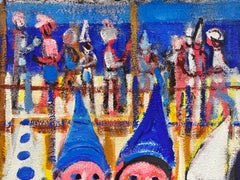 Busy Beach Scene Children Wearing Hats Hot Summers Day Blue Sea & Sky French Oil