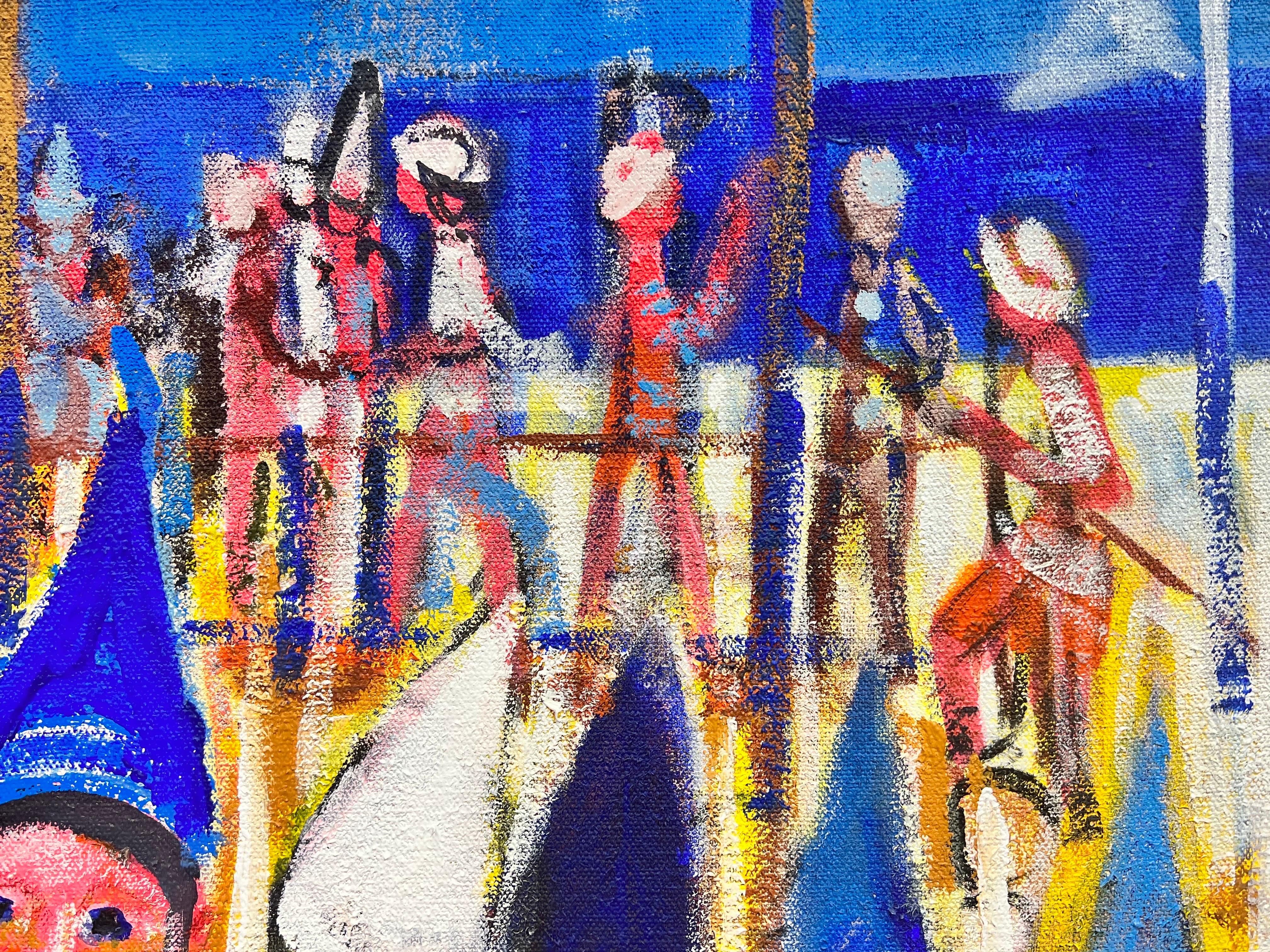 Scena di spiaggia affollata Bambini che indossano cappelli Giornata estiva calda Mare e cielo blu Olio francese - Landscape Painting Marrone di Huguette Ginet-Lasnier 