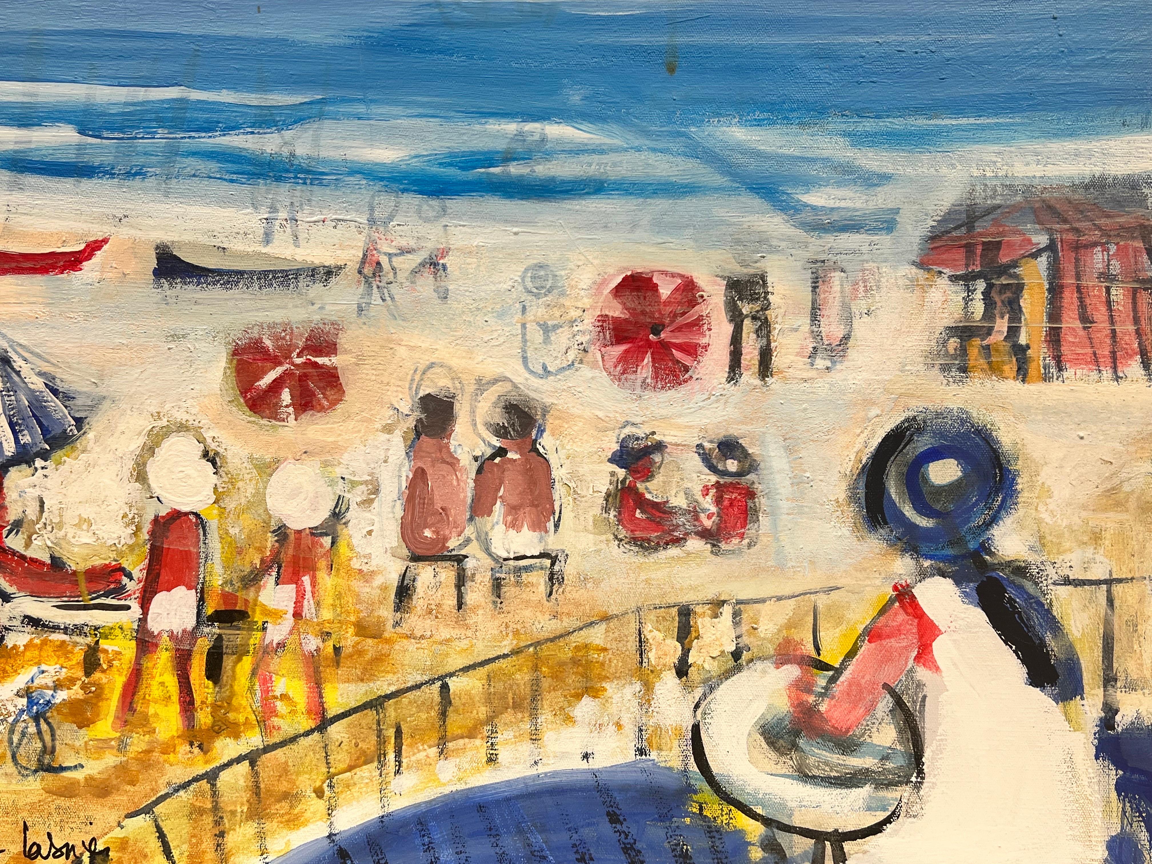 Busy Beach Summer with Figures on Sand Contemporary French Modernist Oil  - Painting by Huguette Ginet-Lasnier 