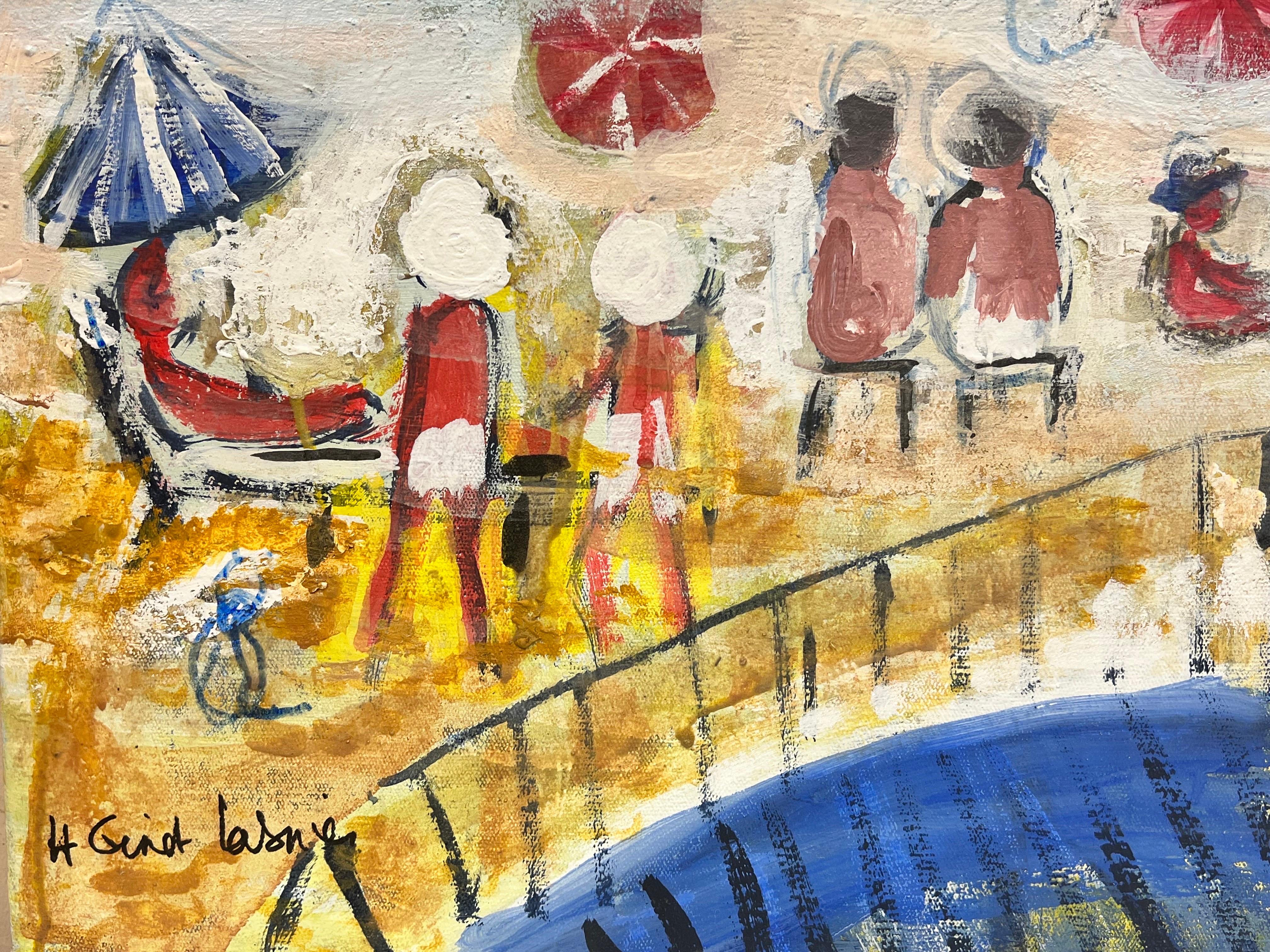 Busy Beach Summer with Figures on Sand Contemporary French Modernist Oil  For Sale 1