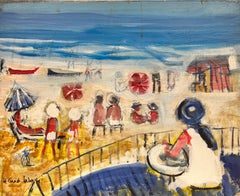 Busy Beach Summer with Figures on Sand Contemporary French Modernist Oil 