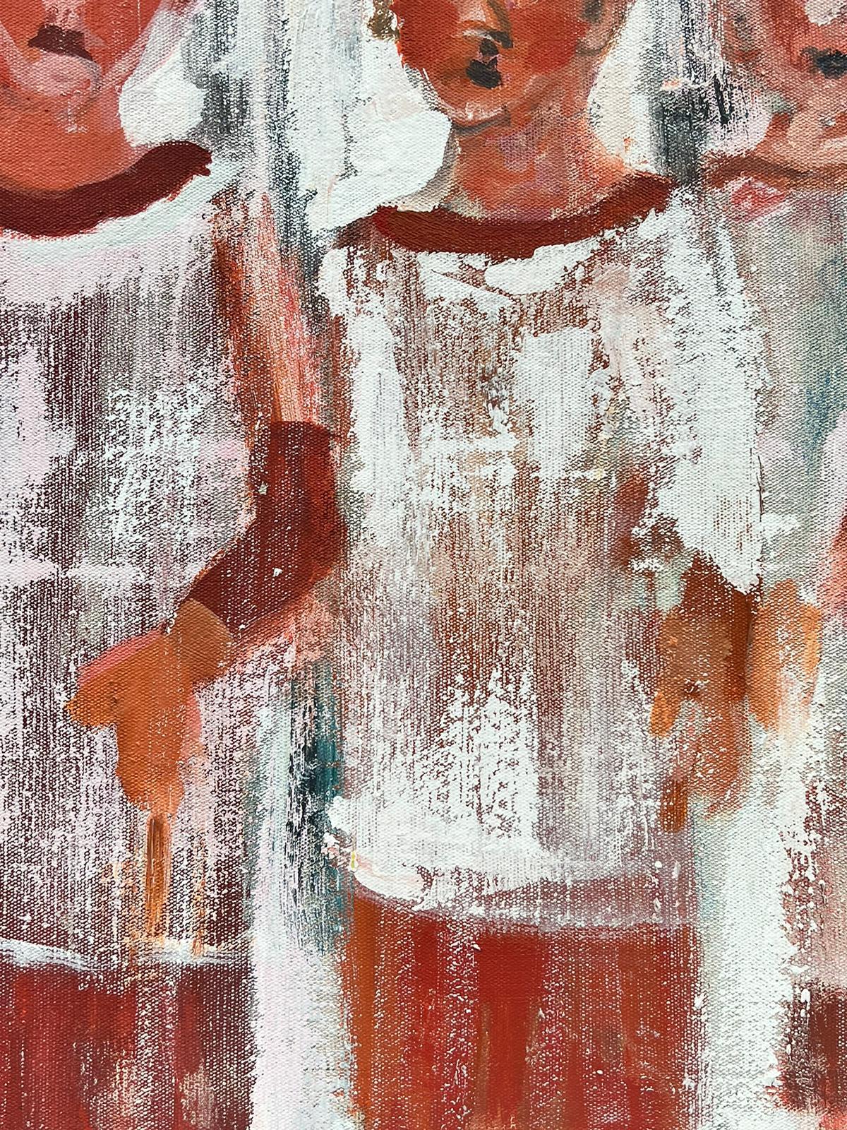 Ritratto astratto francese contemporaneo Tre bambini in piedi nella neve olio firmato - Painting di Huguette Ginet-Lasnier 