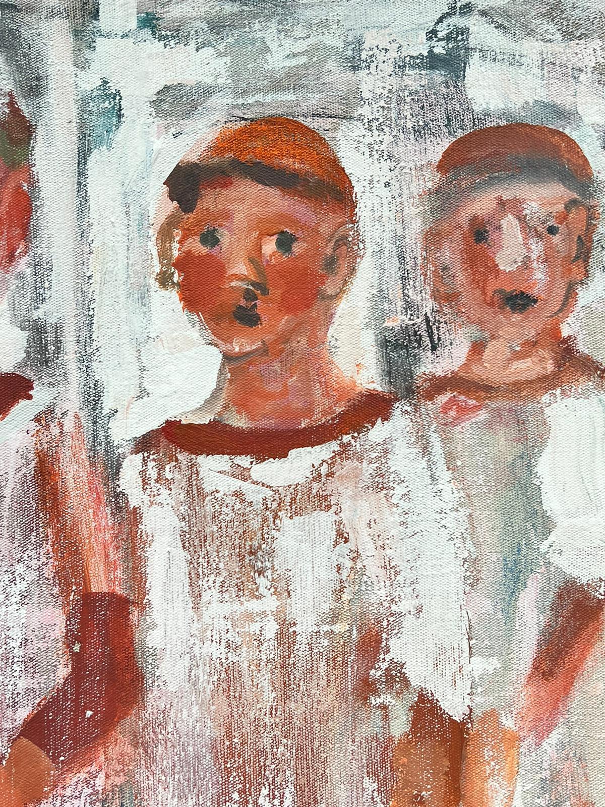 Contemporary French Abstract Portrait Three Children Standing in Snow signed oil - Modern Painting by Huguette Ginet-Lasnier 