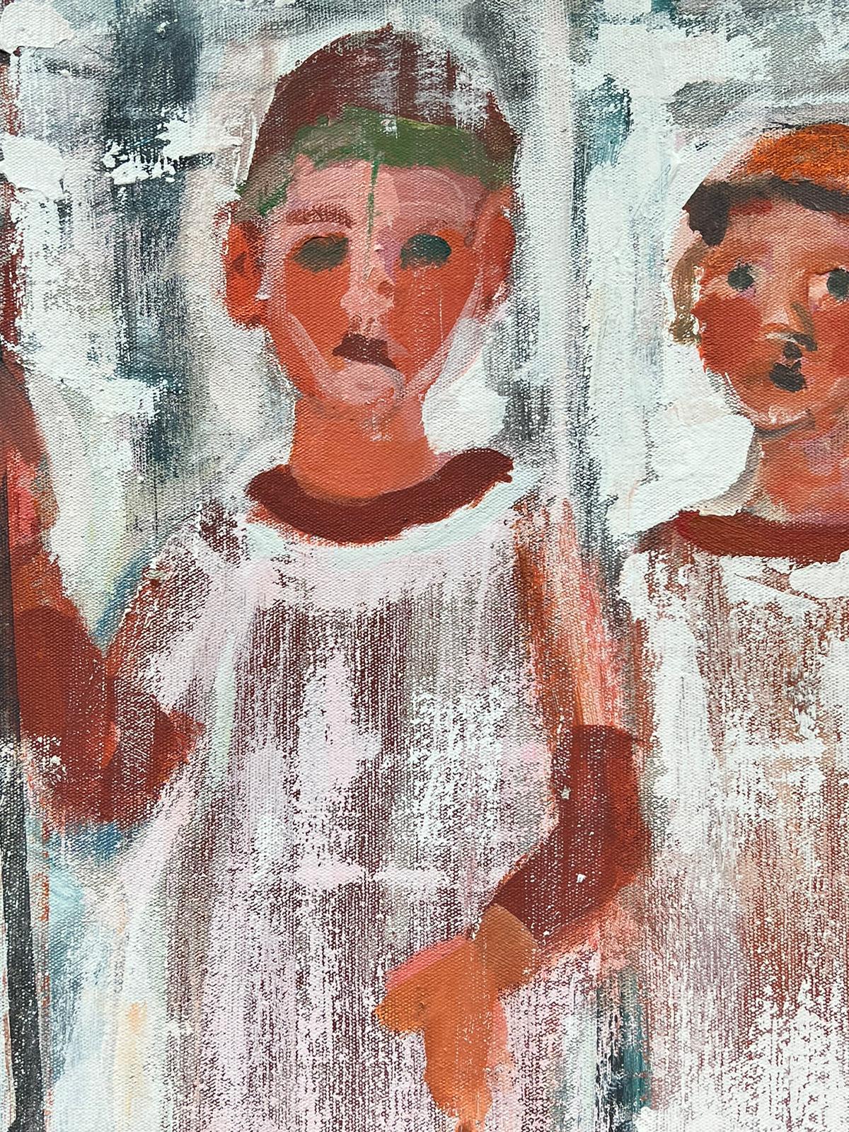 Contemporary French Abstract Portrait Three Children Standing in Snow signed oil For Sale 2