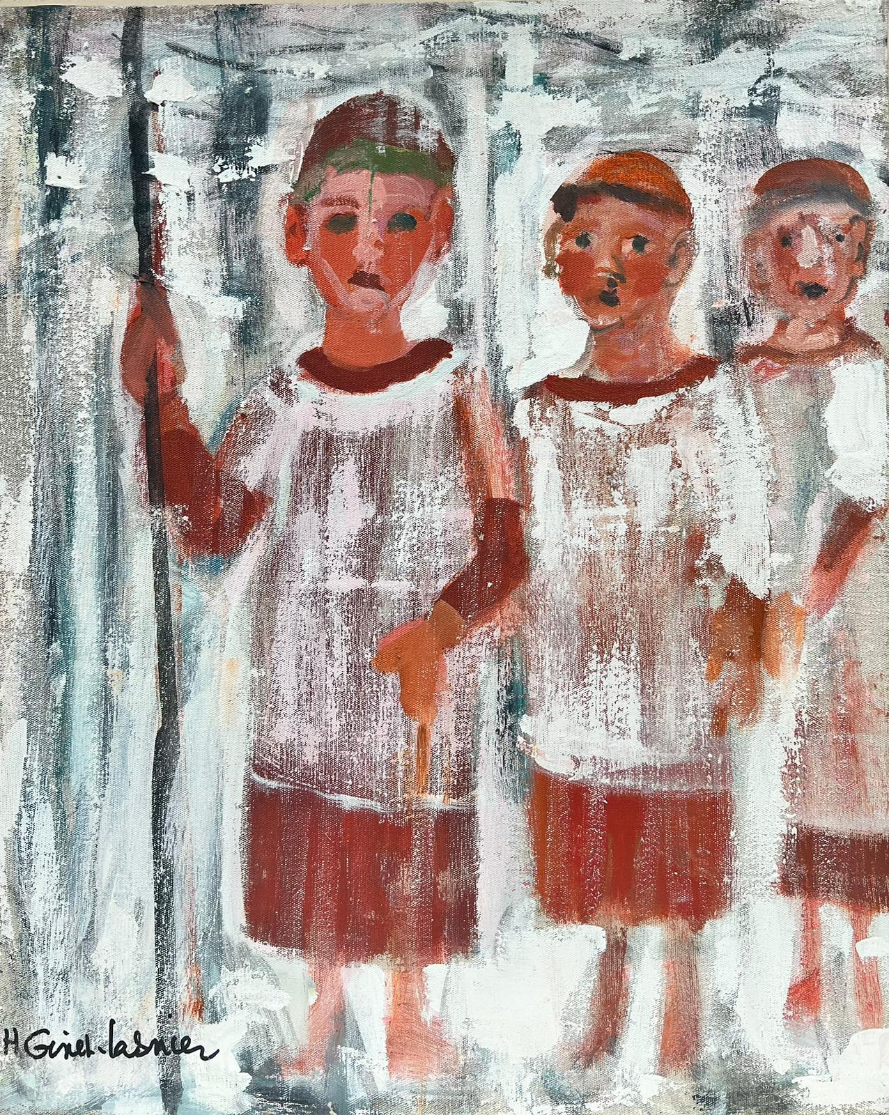 Huguette Ginet-Lasnier  Abstract Painting – Contemporary French Abstract Portrait Drei Kinder im Schnee stehend signiert Öl