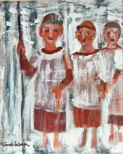 Contemporary French Abstract Portrait Three Children Standing in Snow signed oil