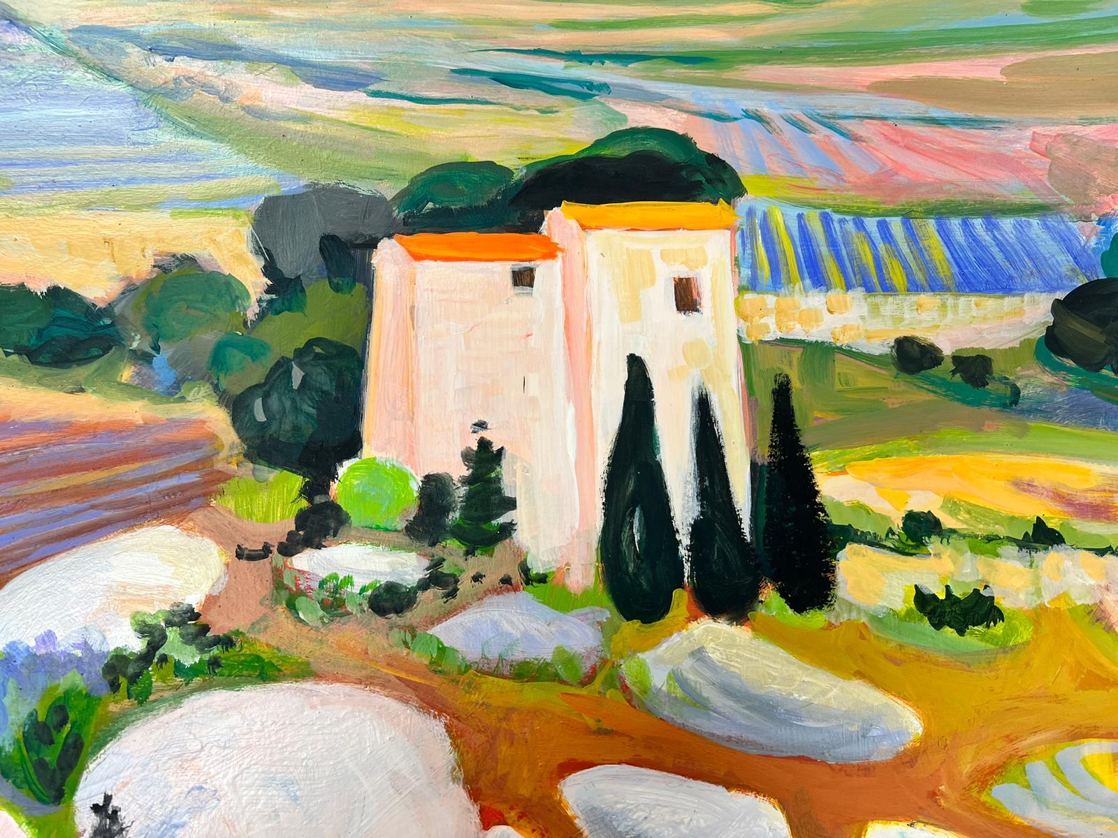 Peinture à l'huile contemporaine moderniste française - Paysage lavande et maison en Provence - Painting de Huguette Ginet-Lasnier 