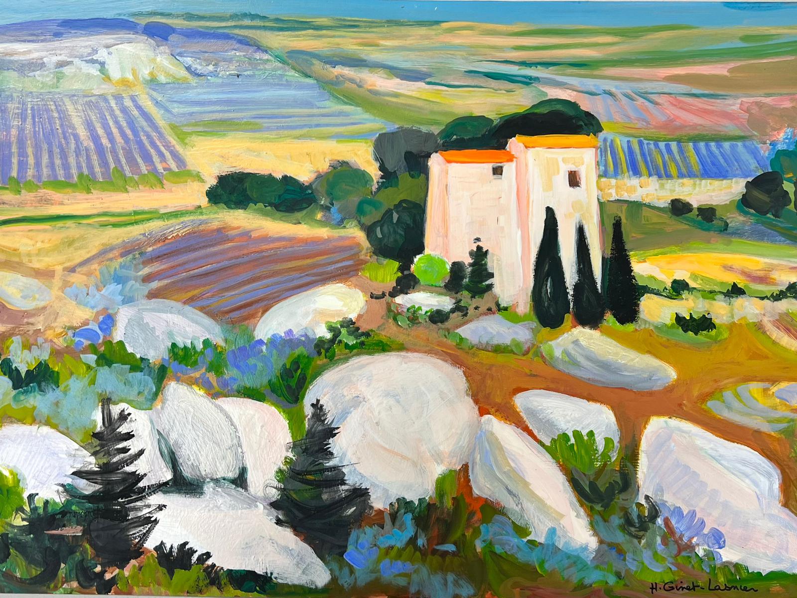 Huguette Ginet-Lasnier  Landscape Painting - Contemporary French Modernist Oil Lavender Fields & House in Provence Landscape