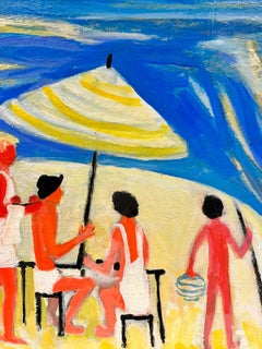 Huile contemporaine moderniste française Figures embrassées par le soleil Plage de sable Mer bleue