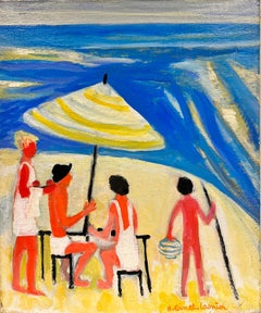 Contemporary French Modernist Oil Sun Kissed Figures Sandy Beach Blue Sea