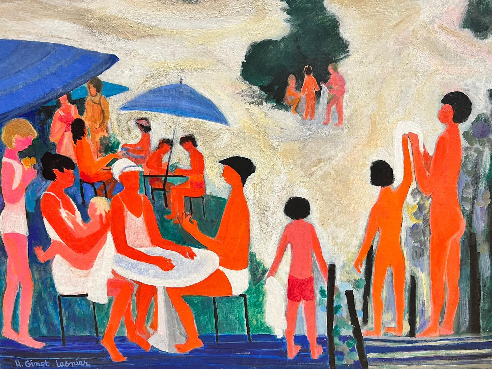 Enormous French Contemporary Modernist Oil Bathers at Crowded River Estuary Bar For Sale 3