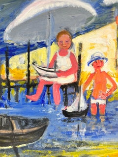 Family Playing on Beach with Toy Boat French Modernist Oil Painting