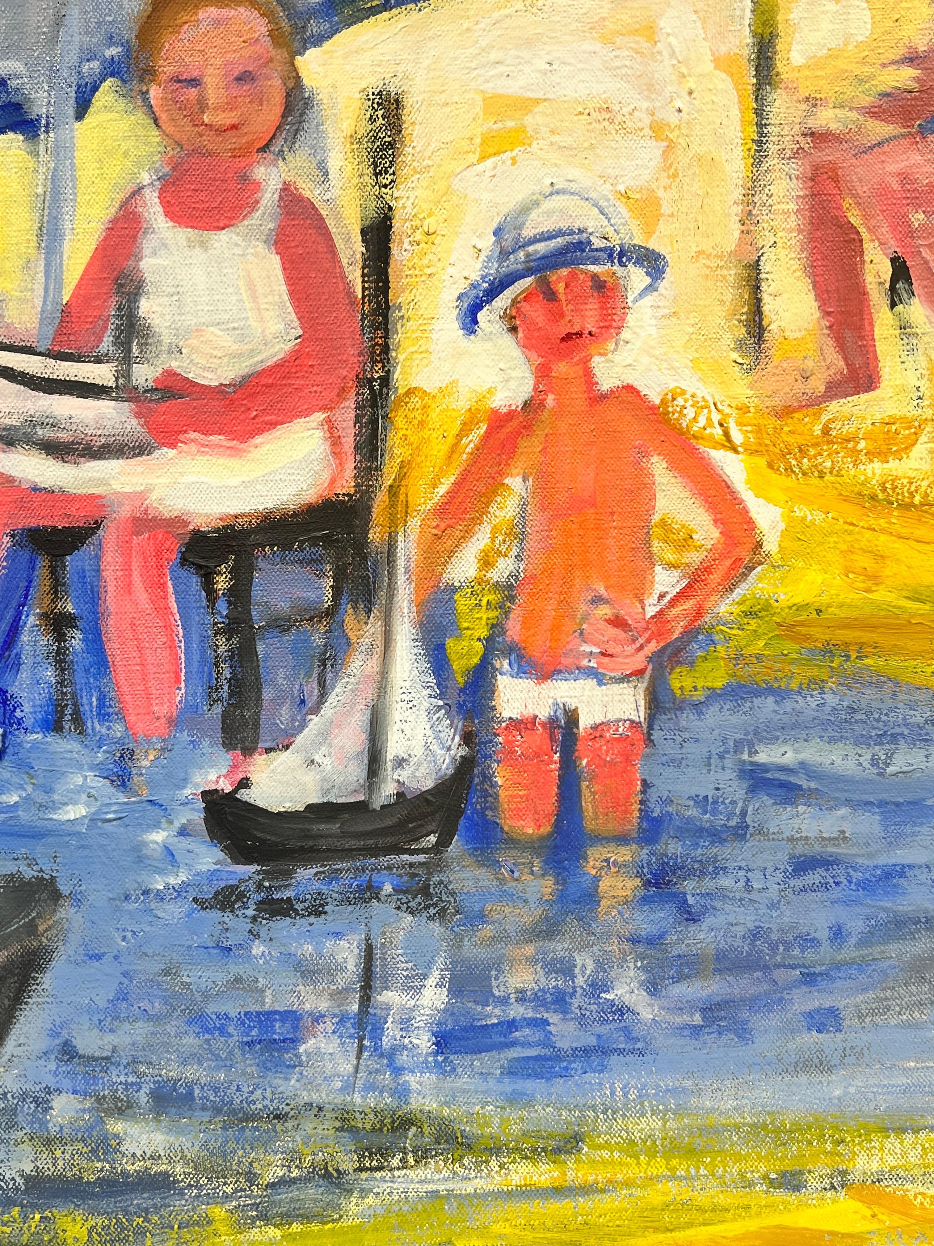 Family Playing on Beach with Toy Boat French Modernist Oil Painting  For Sale 1