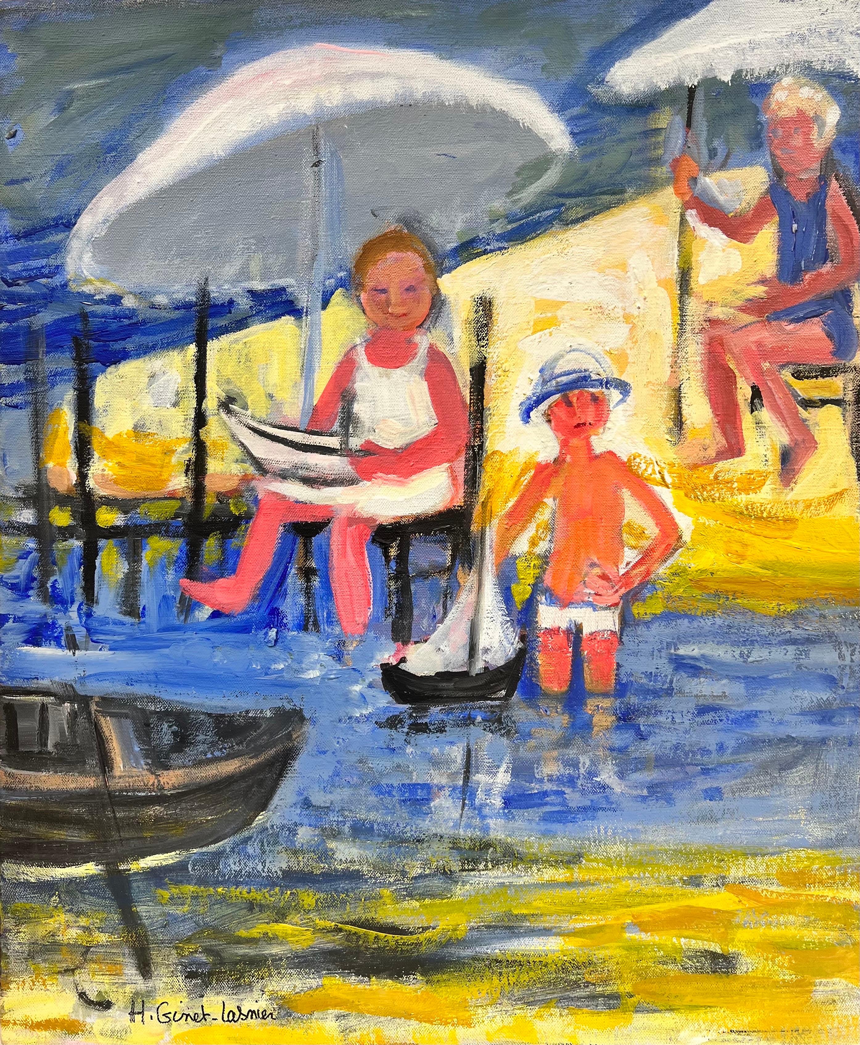 Huguette Ginet-Lasnier  Figurative Painting - Family Playing on Beach with Toy Boat French Modernist Oil Painting 