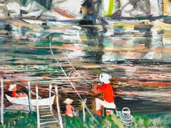 Figure sul fiume Pittura ad olio firmata dal modernista francese Pesca in vacanza