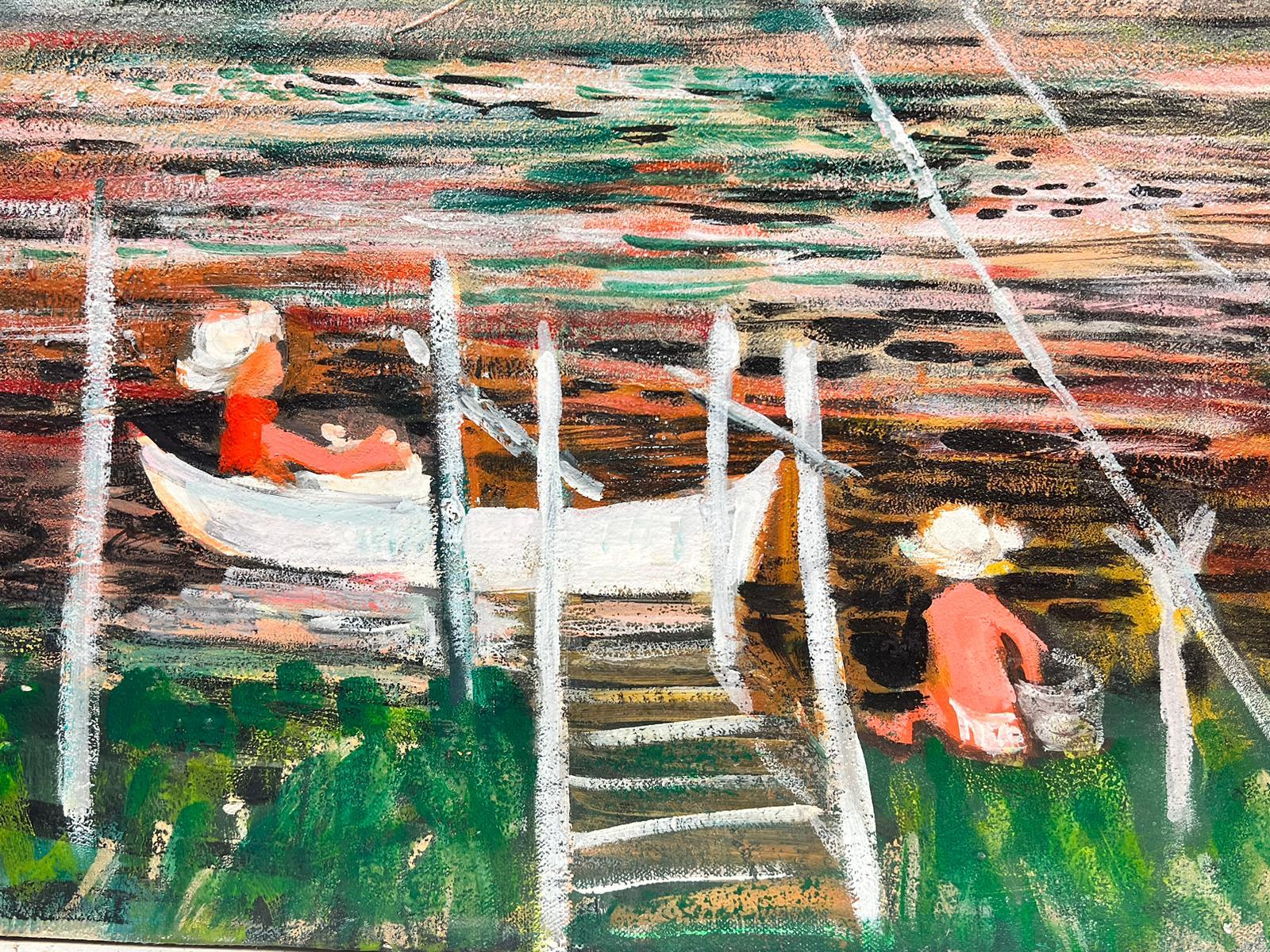 Figures on River French Modernist Signed Oil Painting Fishing Vacation For Sale 2