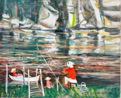 Figures on River French Modernist Signed Oil Painting Fishing Vacation