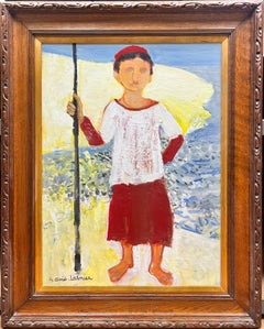 Fishing Boy Standing on the Beach French Modernist Signed Huge Painting