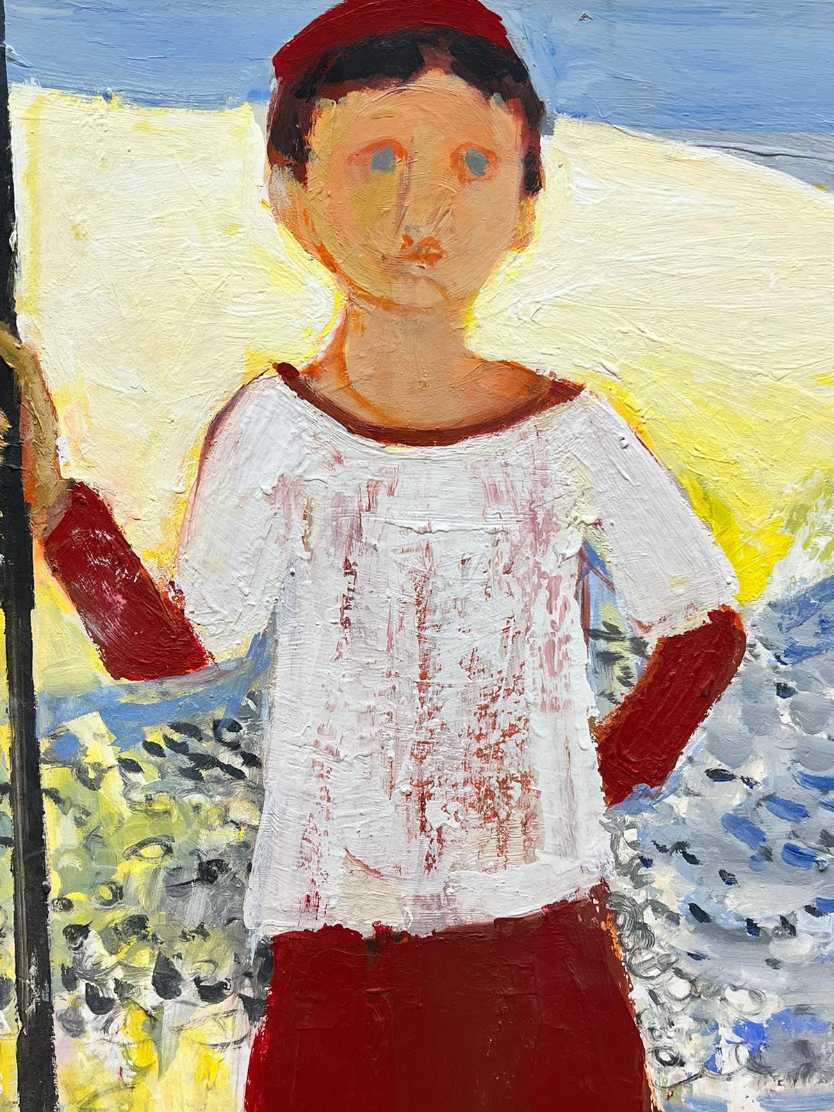 Fishing Boy Standing on the Beach French Modernist Signed Huge Painting For Sale 3