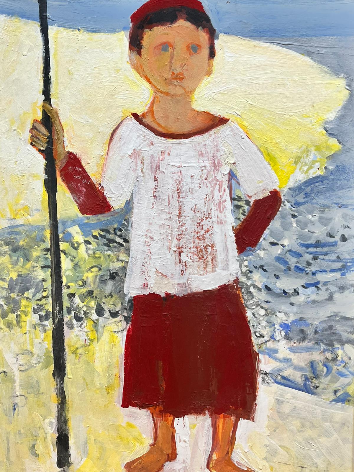 Fishing Boy Standing on the Beach French Modernist Signed Huge Painting For Sale 5