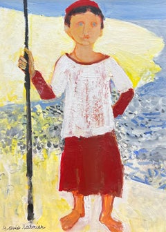 Très grande peinture de garçon pêcheur debout sur la plage signée par le moderniste français
