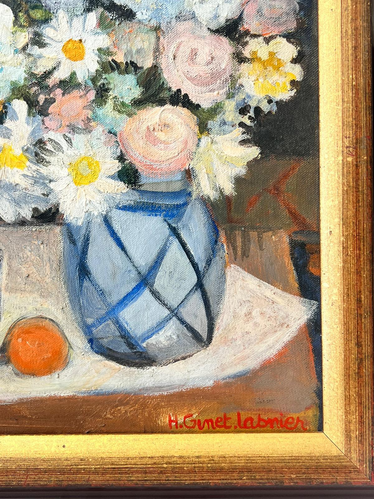 Flowers in Vase French Modernist Signed & Framed Oil Painting on Canvas For Sale 3