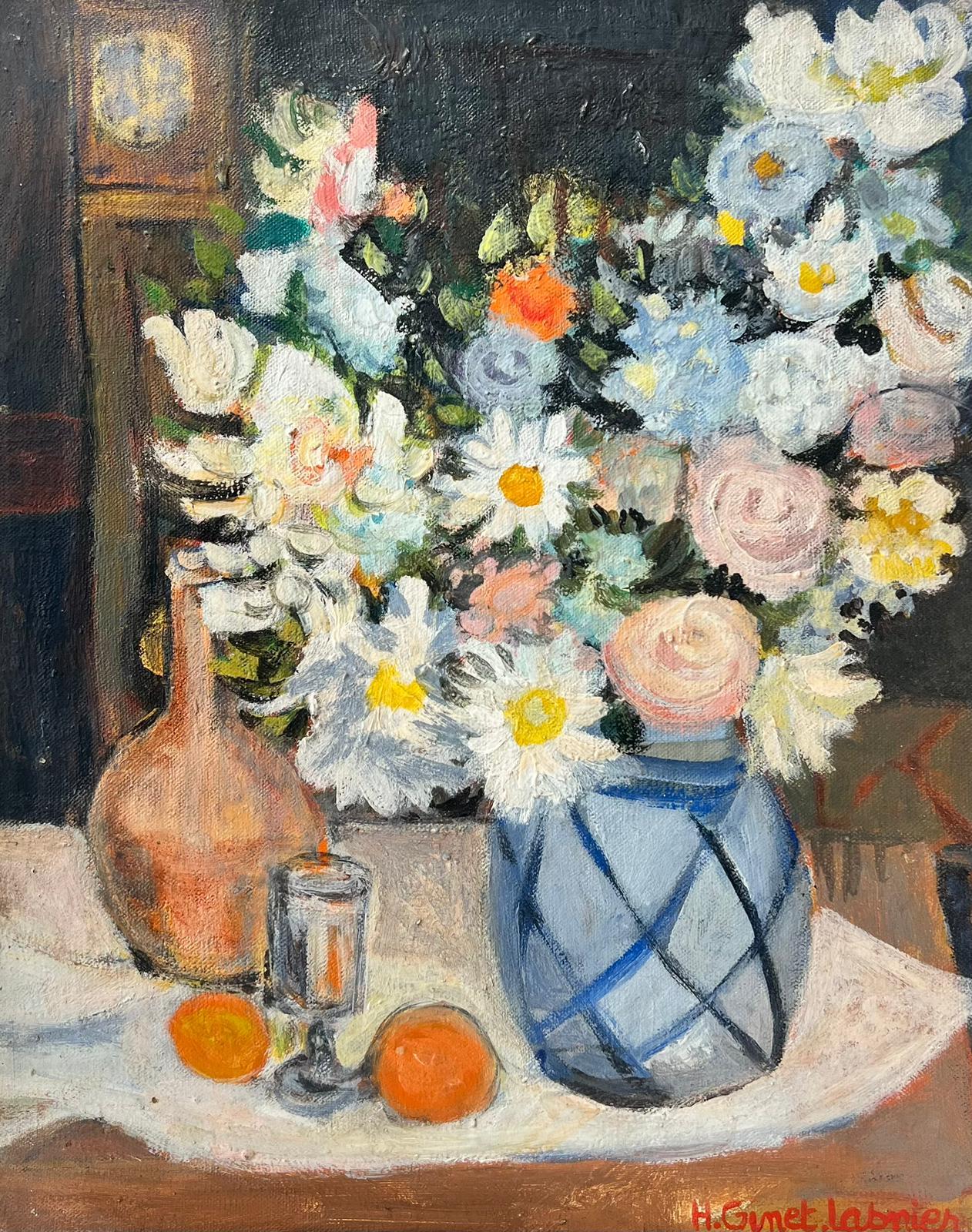 Huguette Ginet-Lasnier  Still-Life Painting - Flowers in Vase French Modernist Signed & Framed Oil Painting on Canvas