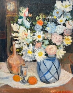 Fleurs dans un vase - Peinture à l'huile sur toile moderniste française signée et encadrée