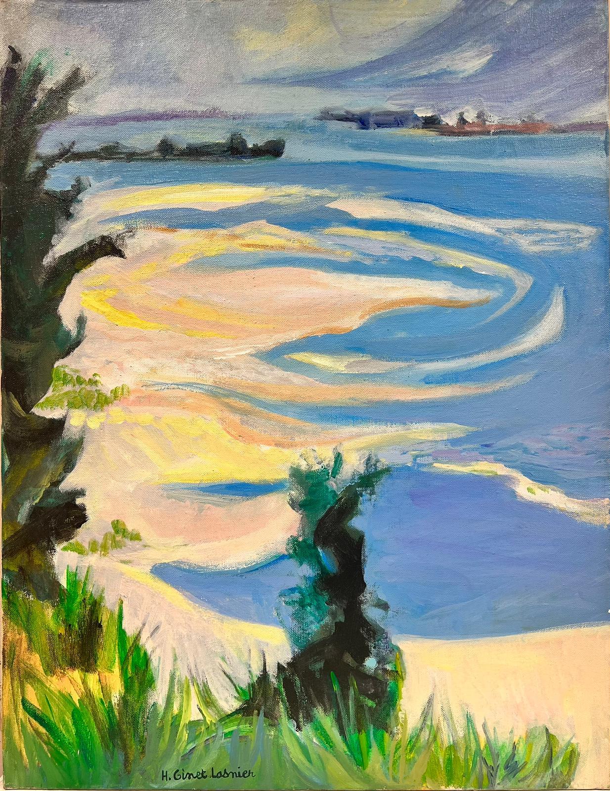 Huguette Ginet-Lasnier  Landscape Painting - French Contemporary Modernist Oil Beautiful Coastal Inlet Sandy Beach