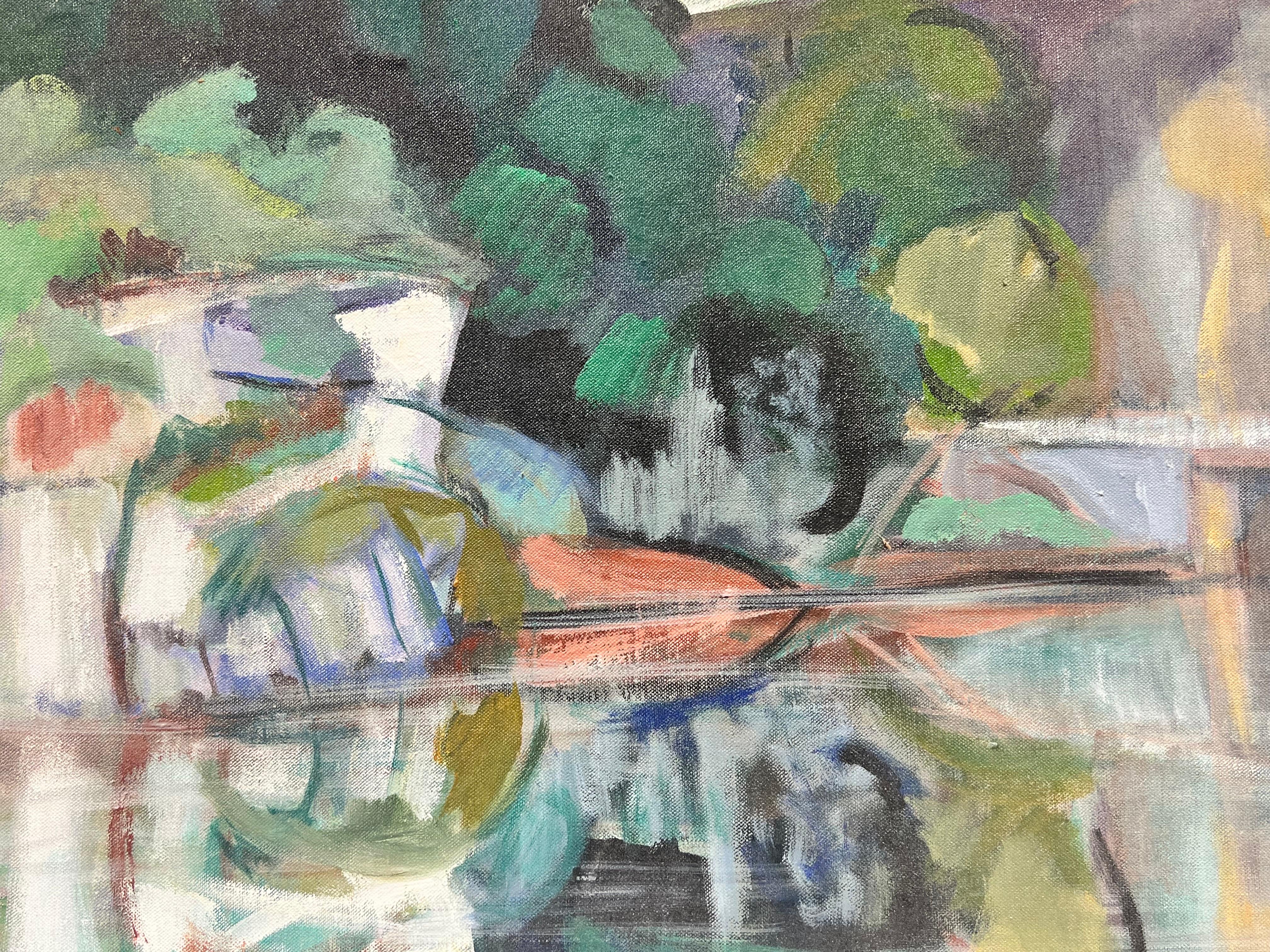 French Modernist Contemporary Oil Beautiful River Landscape with Reflections  - Painting by Huguette Ginet-Lasnier 