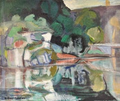 French Modernist Contemporary Oil Beautiful River Landscape with Reflections 
