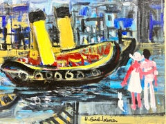 French Modernist Contemporary Oil Couple with Dog in Harbor with Boats