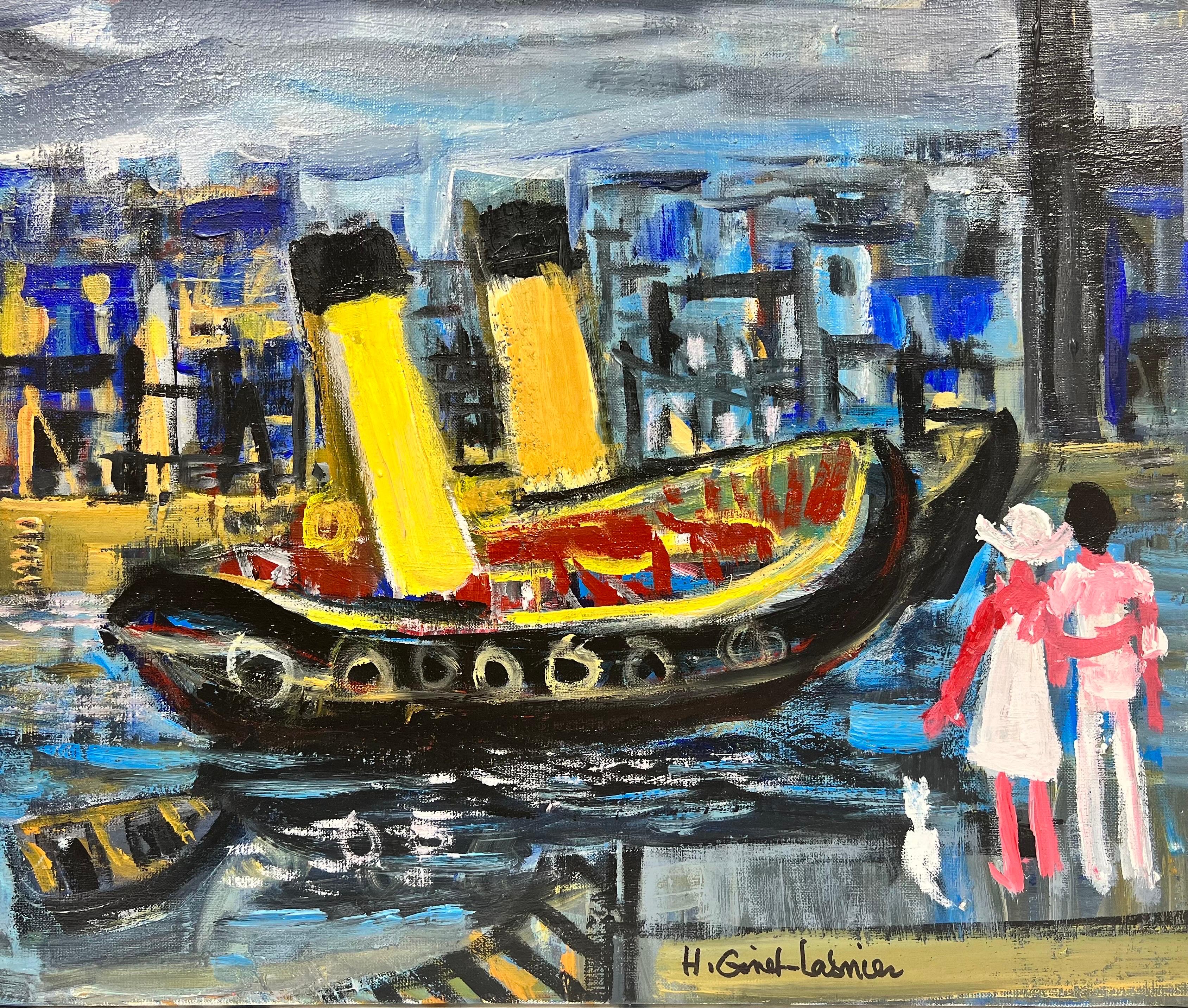 French Modernist Contemporary Oil Couple with Dog in Harbor with Boats
